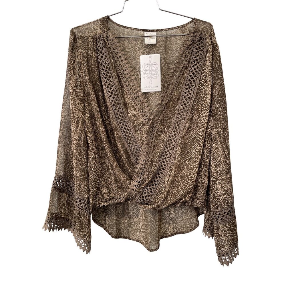 By Together Wrap Top Size Small Snake Crochet Long Sleeve Biege Tan Neutral NEW